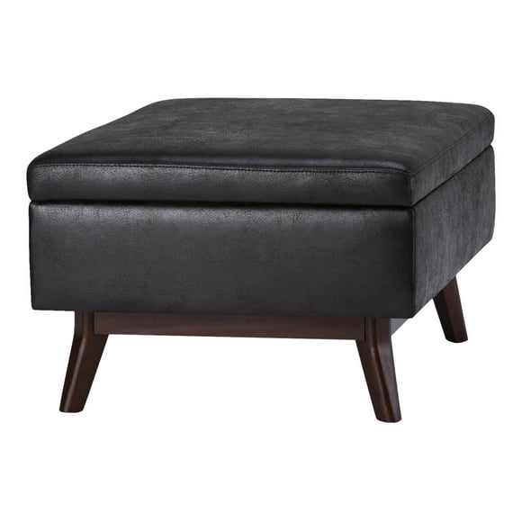 SIMPLIHOME Owen 34 inch Wide Rectangle Coffee Table Lift Top Storage Ottoman, Cocktail Footrest Stool in Upholstered Distressed Black Faux Air Leather, Mid Century Modern, Living Room
