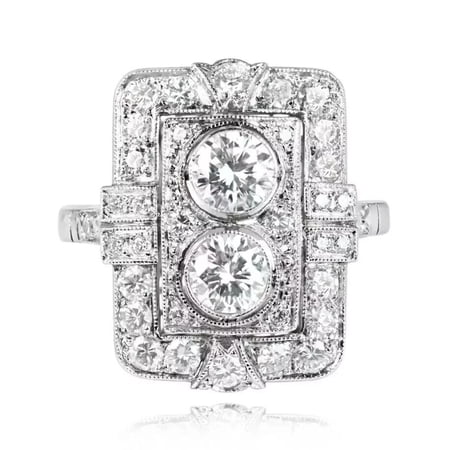 Art Deco Toi Moi Women's Anniversary Ring, Two Stone Halo Vintage Wedding Ring, 2.2 Ct Round Cut simulated Diamond, 14K White Gold Plated, Proposal Promise Engagement Ring For Her Special Ocassion