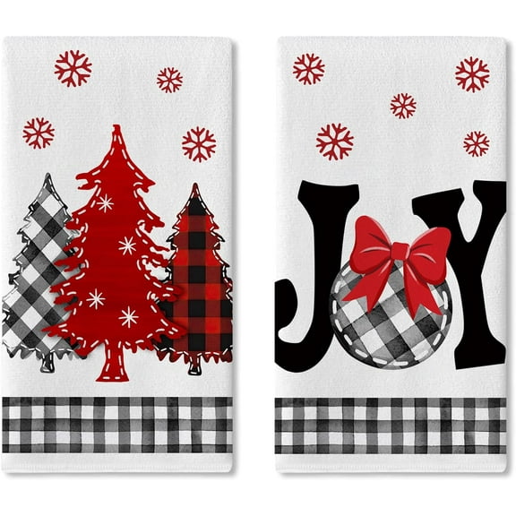Christmas Tree Kitchen Dish Towels Set of 2, Xmas Joy Red Black Buffalo Plaid Ball Drying Hand Towel Baking Cooking Cloth, Winter Holiday Snowflake Bathroom Home Decoration 16 x 24 Inches