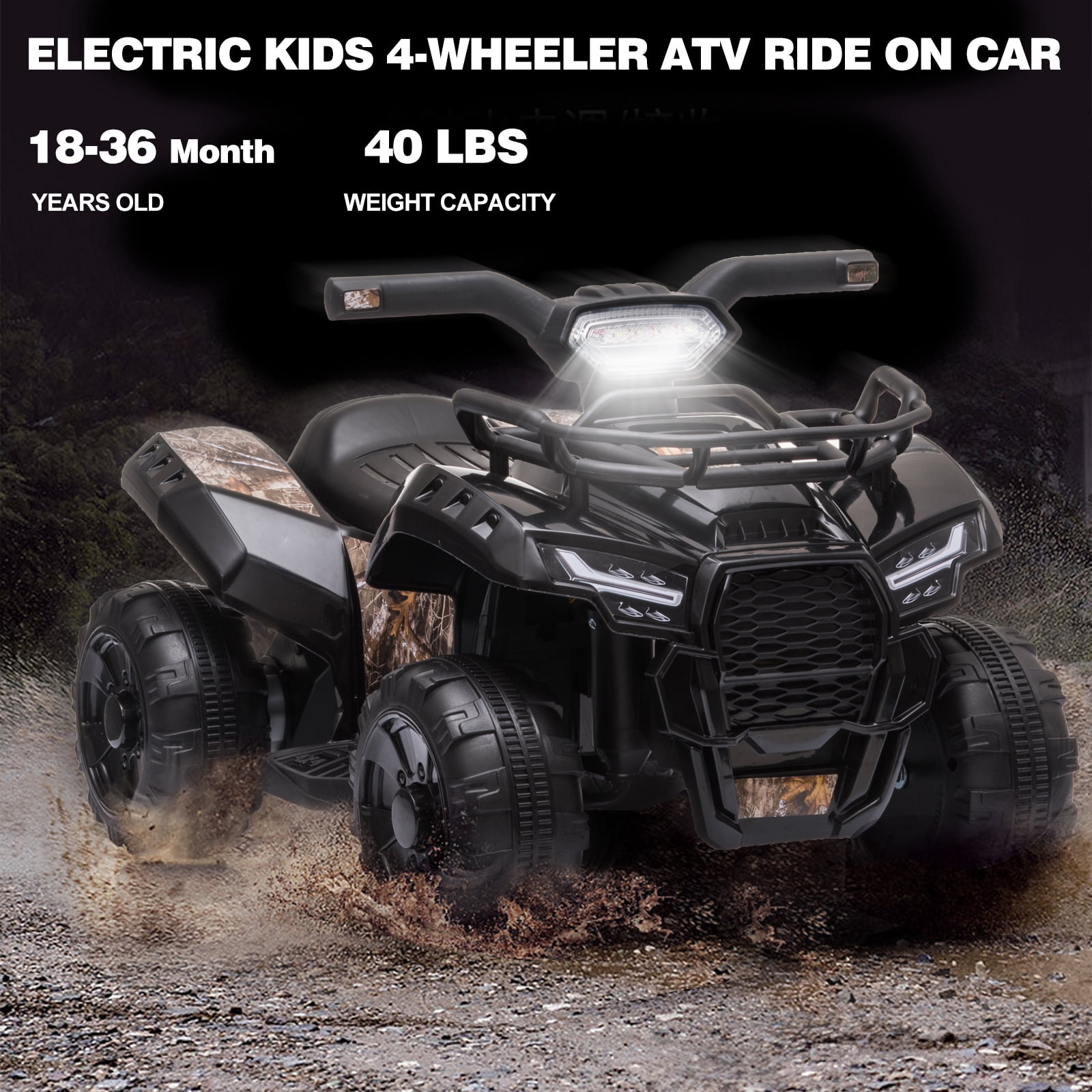 Kids Ride on ATV 6V Battery Powered, 4 Wheeler Electric Vehicle with Horn, MP3, Headlight – Best Gift for 18-36 Months Boys Girls, Adjustable Volume USB Toy Car（Black）