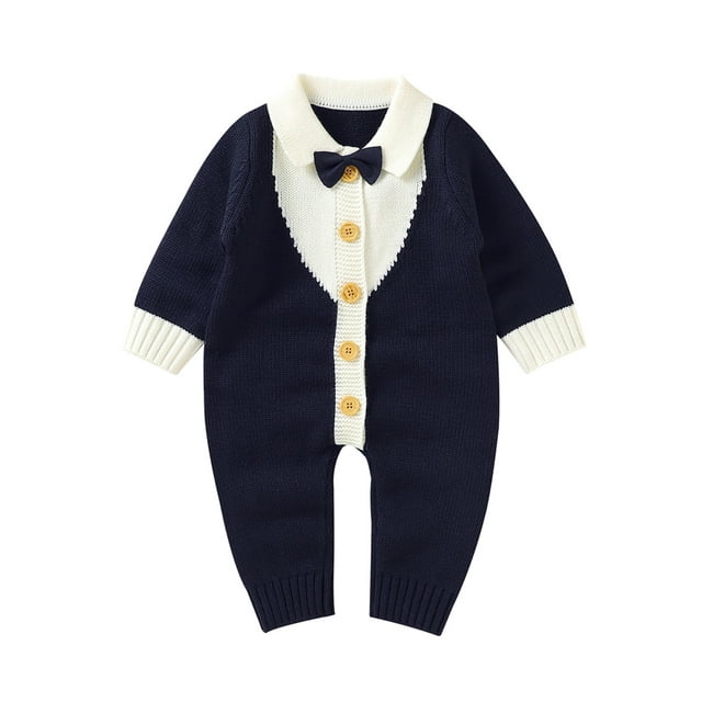 ZAXARRA Combinaison Bébé Garçon Épissage Couleur Revers Manches Longues Tricotés Rompers