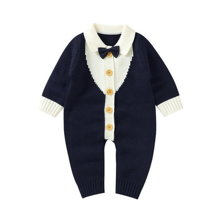 

Sunisery Kids Baby Boy Jumpsuit Splicing Color Lapel Long Sleeve Knitted Rompers Dark Blue Stitching 6-12 Months