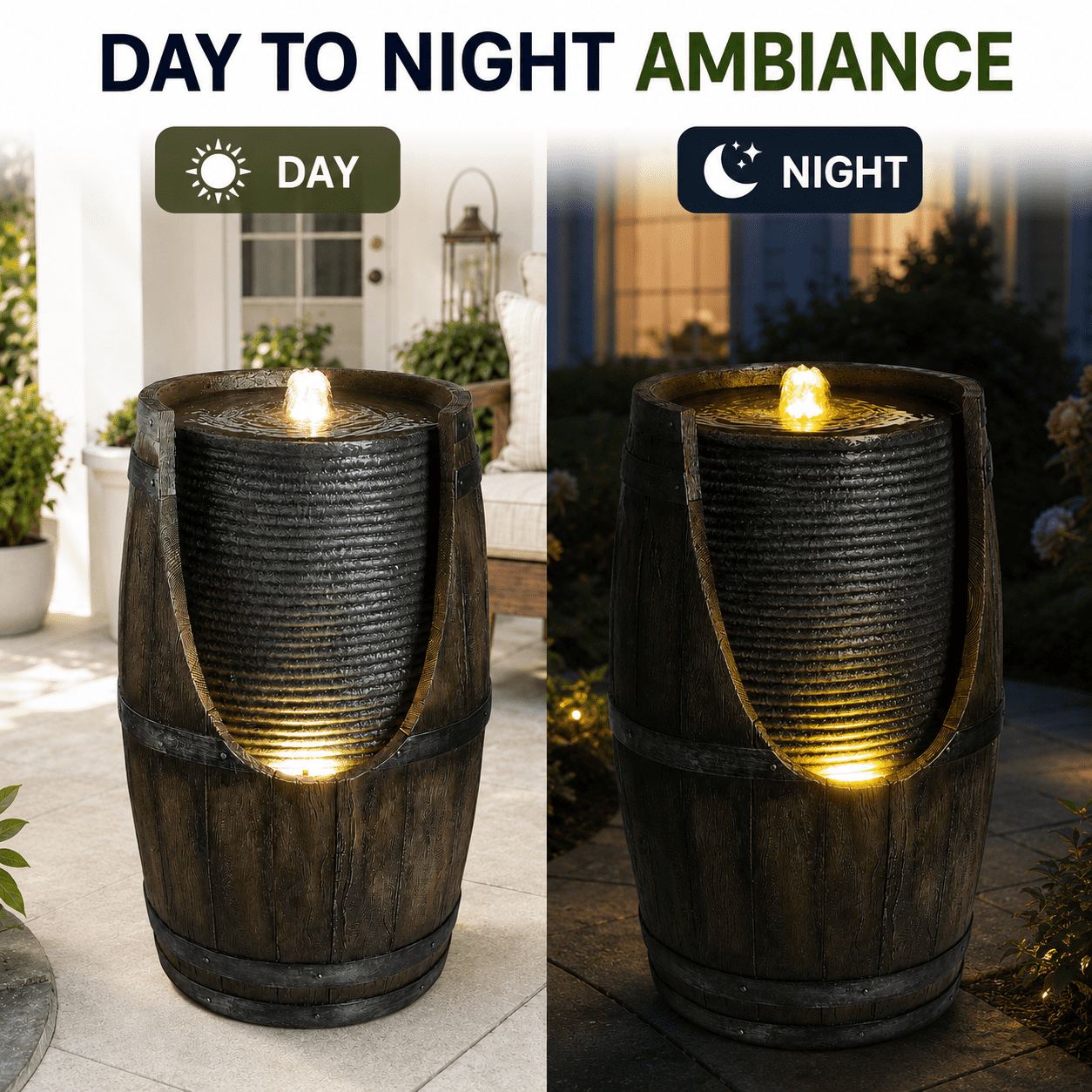 Aukfa Farmhouse Barrel Outdoor Water Fountain with LED Lights for Patio Garden Yard,Green