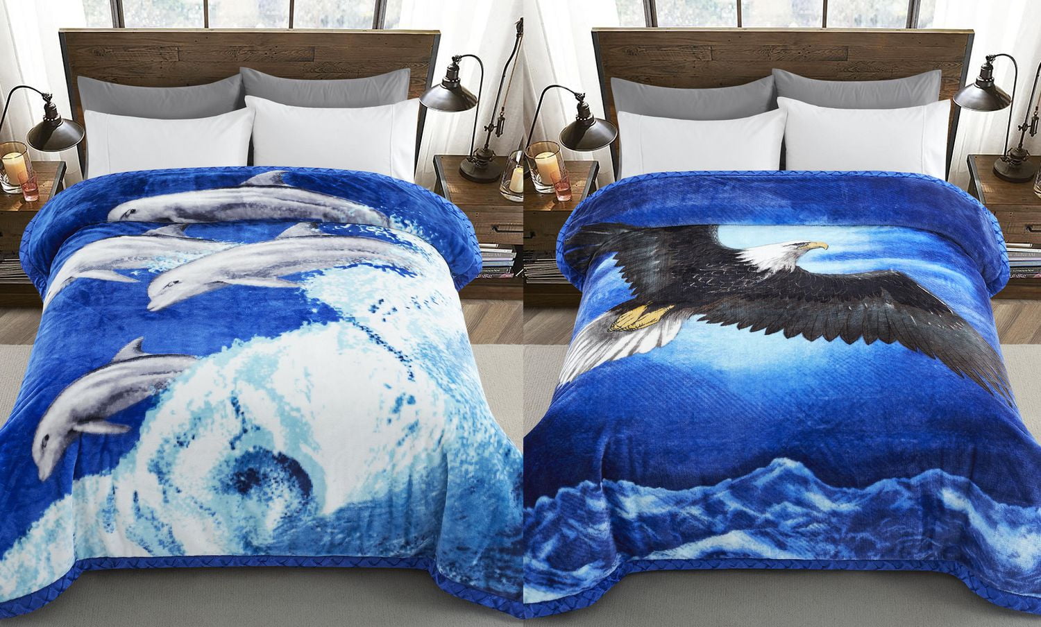 Marina Decoration Reversible 8 LB Oversized Heavy Woven Fluffy Plush Soft Warm Korean Style Mink 2 Ply Rich Printed Animal Flannel Fleece Throw Raschel Blanket, 78 x 86 Inch Bald Eagle Dolphin
