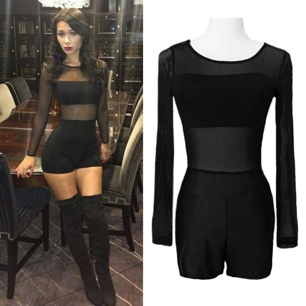 Women Jumpsuit Mesh Lace Round Neck Long Sleeve Bodycon Short Rompers Bodysuit  Outfits 