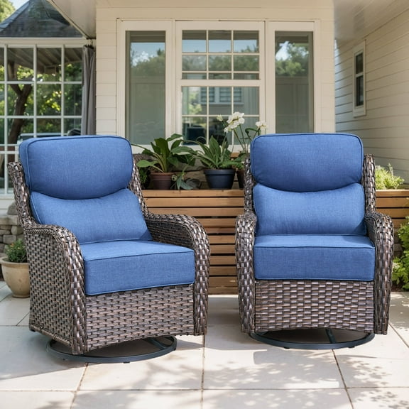 POCASSY Outdoor Swivel Rocker Patio Swivel Chairs Set of 2, 6-Inch Thick Seat Cushions Outdoor Wicker Swivel Glider Rocking Chairs with High Back for Porch Deck - Blue