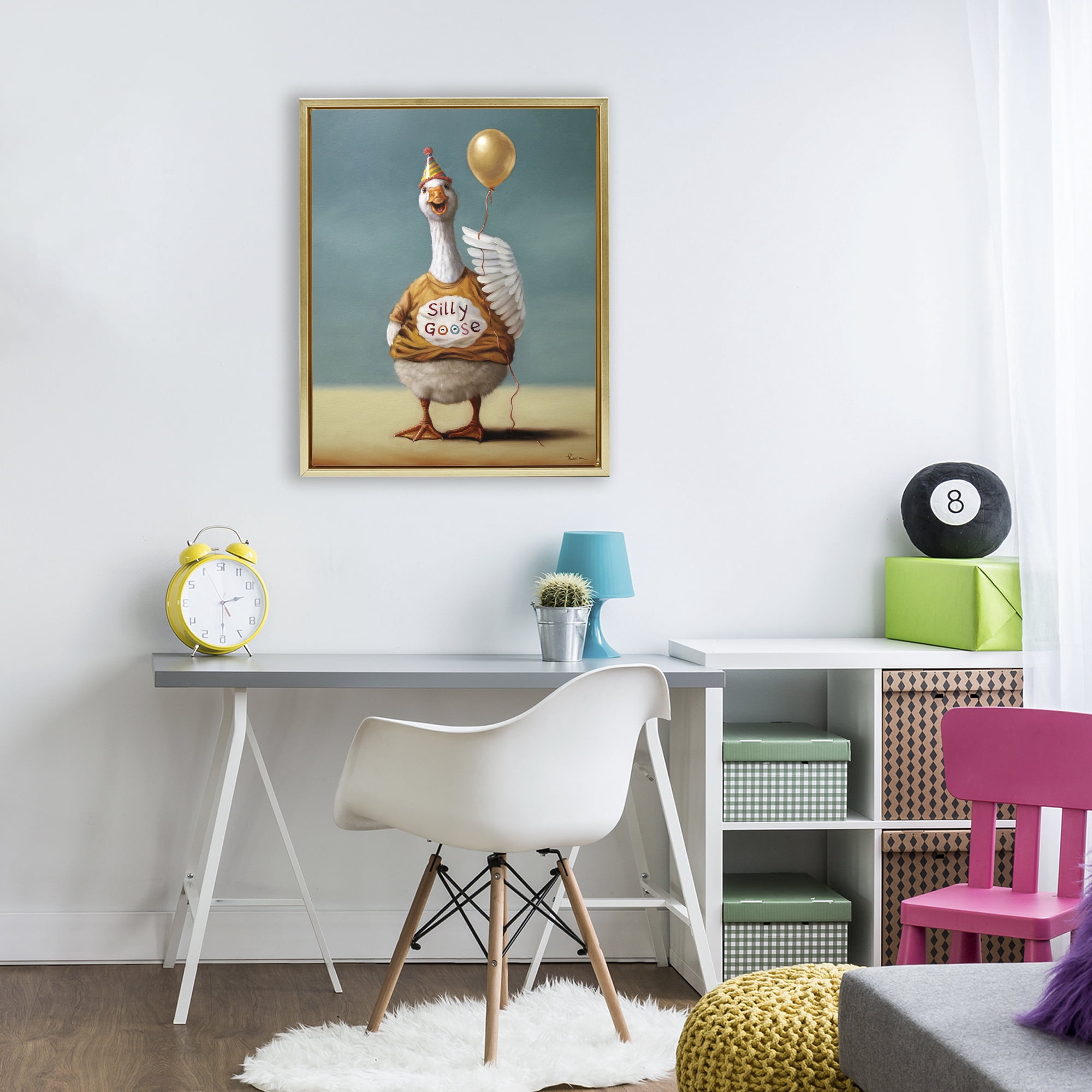 Stupell Industries Silly Goose with Balloon Gold Framed Floater Canvas Wall Art, design by Lucia Heffernan