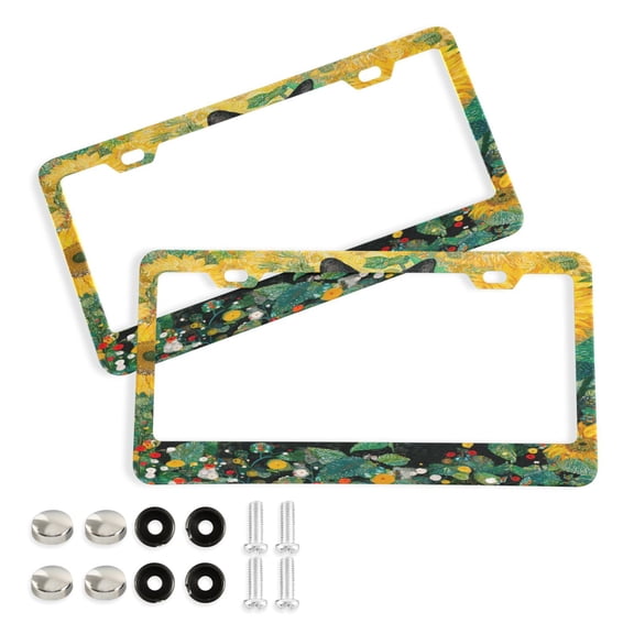 Aluminum License Plate Frame 2 Pack Car Exterior Accessory Car Tag Holder for Front Rear Plates Cars Decor Cats in Sunflowers Garden