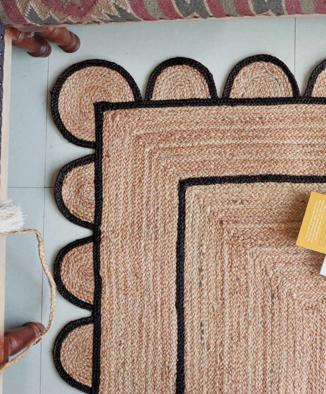 Area Rug Natural Jute Hand Braided Rug Black Scalloped Runner