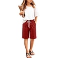 thumbnail image 2 of snilers Girls Bermuda Shorts Knee Length Straight Leg Cotton Linen Long Shorts Summer Casual Elastic Waist Short Pants 4-15 Years, 2 of 5
