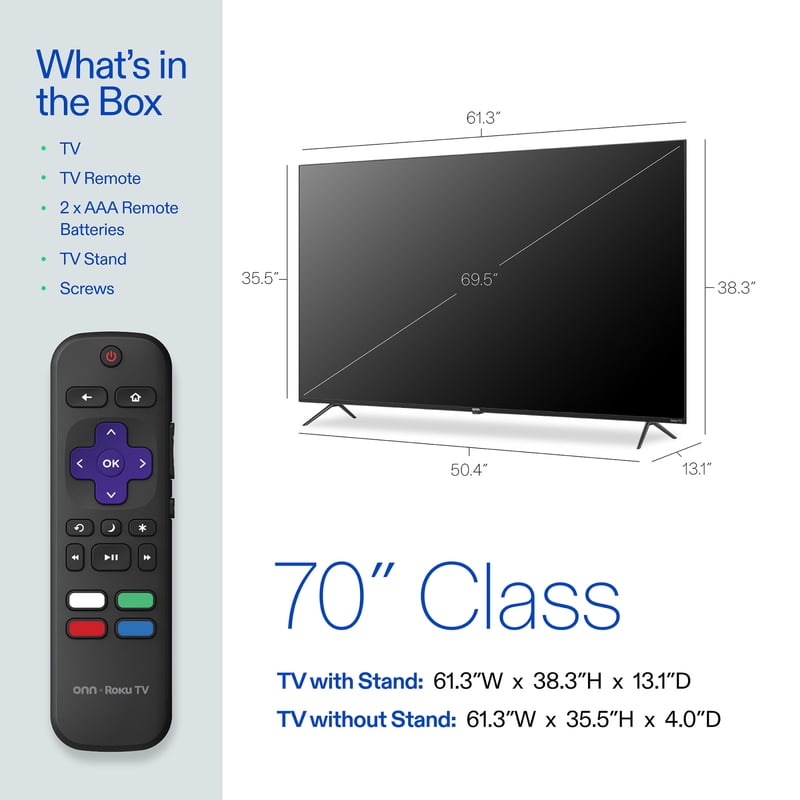 onn 70" Class 4K UHD Roku Smart Television, 100012588 display and camera view
