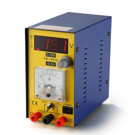 DC Compact Power Supply 15V 1A - Adjustable Variable Regulated Digital Precision Equipment with LED Display Multimeter Test Hook Probe Clip Cable AC Lab Grade for Cell Phones Electronics