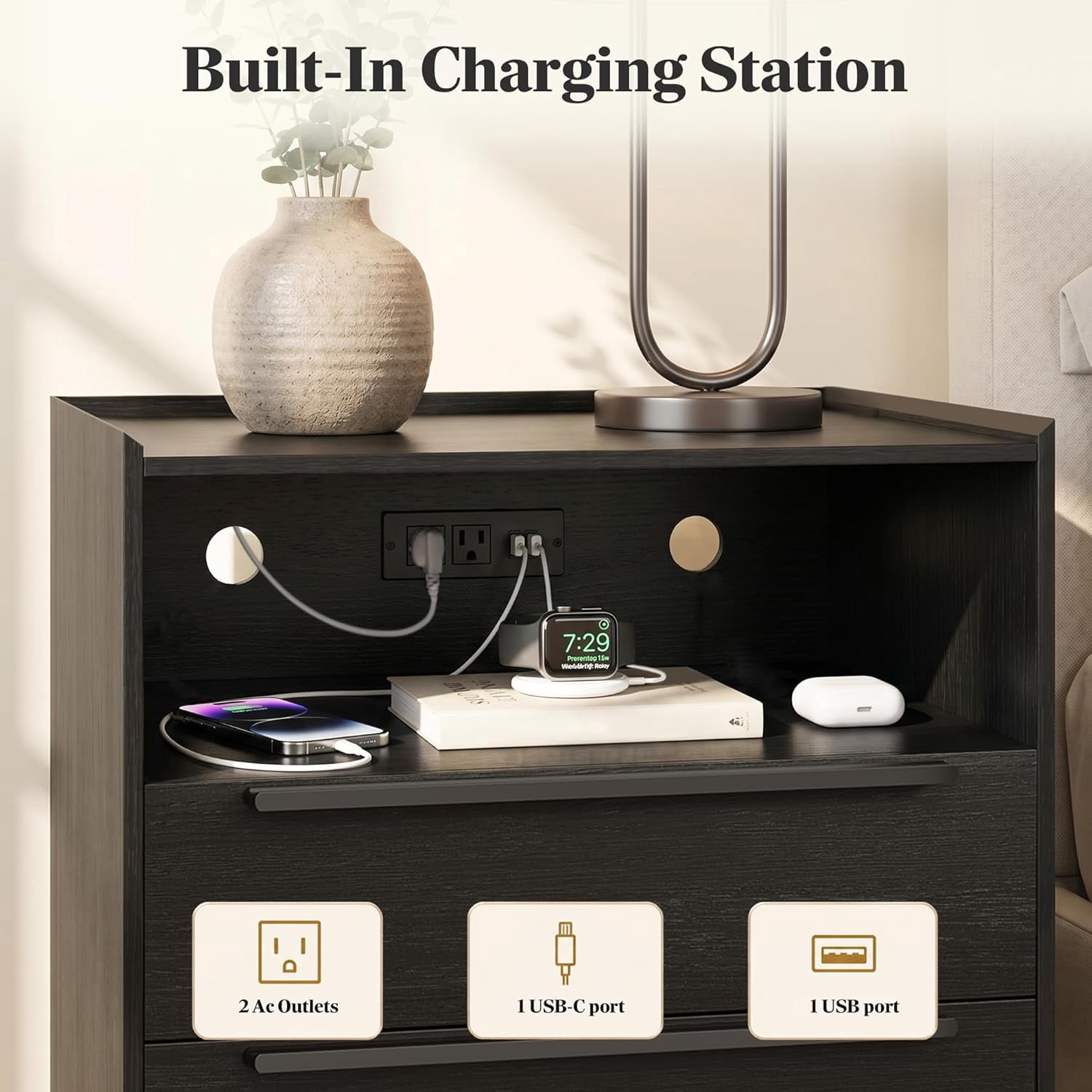 26" Tall Black Nightstand Set of 2 with Charging Station, 2 Drawer Modern Bedside Tables with Tray Top, USB & Type-C Ports and AC Outlets for Bedroom or Living Room