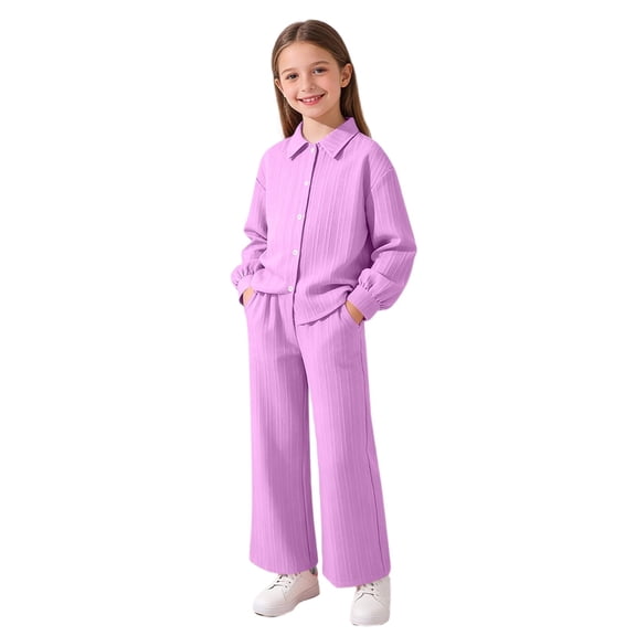 Diufon Casual 2 Piece Outfits for Girls Long Sleeve Loungewear Button Up Shirt Sets Solid Color Workout Clothing
