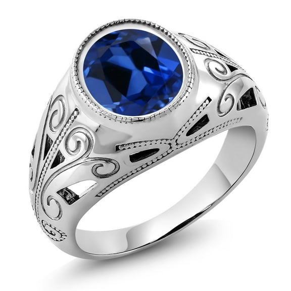 Gem Stone King 6.13 Ct Oval Blue Created Sapphire 925 Sterling Silver Men's Ring