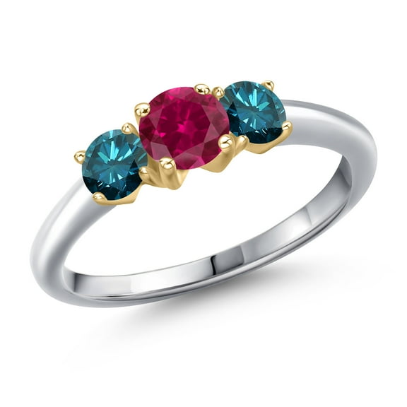 Gem Stone King 10K Two Tone Gold Red Created Ruby and Blue Diamond Engagement Ring for Women | 1.14 Cttw | Round 5MM | Gemstone July Birthstone | Size 8