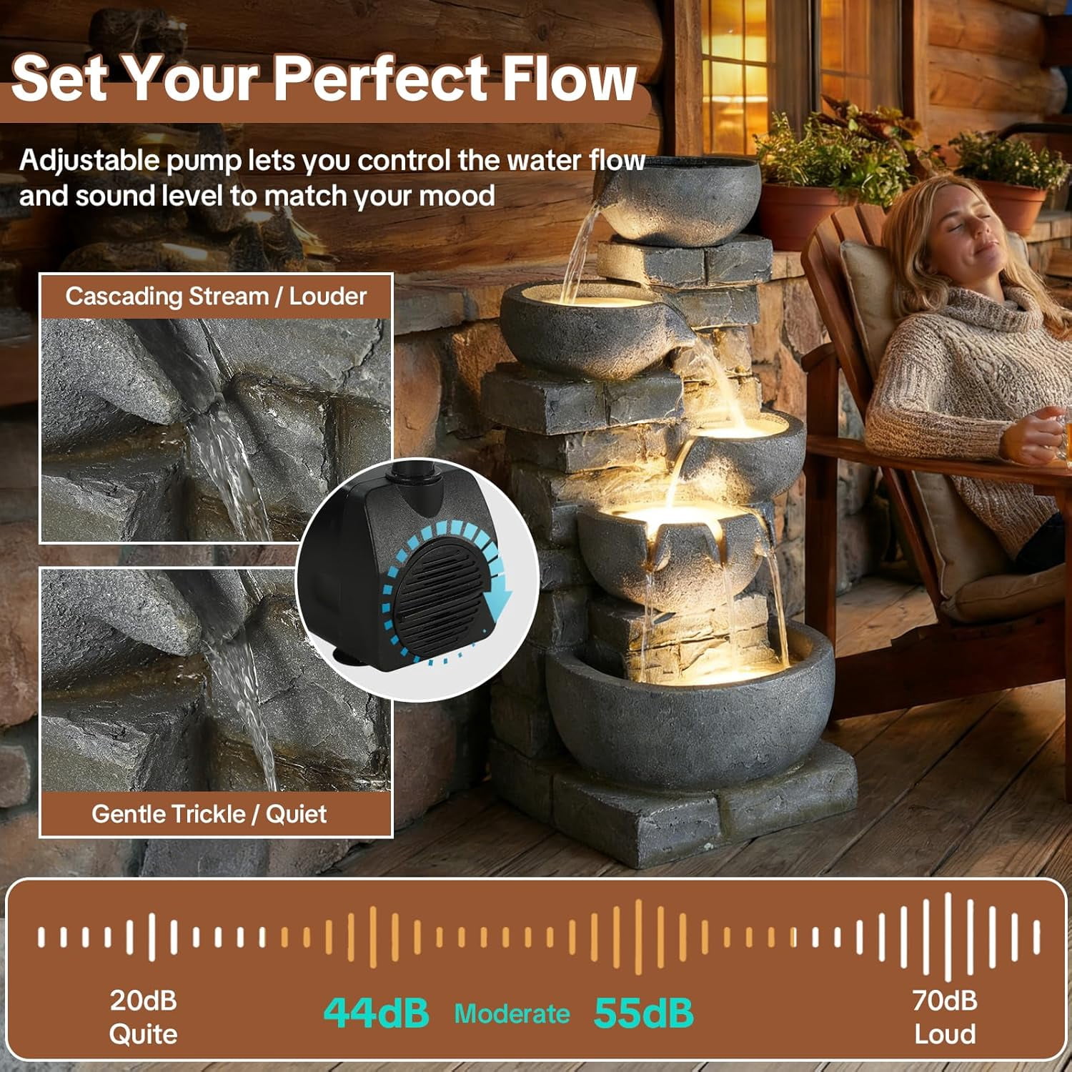 HOMEDIARY Modern 33" Tall Outdoor Water Fountain, Large 5-Tier Cascading Bowls Waterfall Fountain with LED Lights, Stone Texture Floor-Standing Resin Water Feature for Deck, Patio, Backyard & Indoor