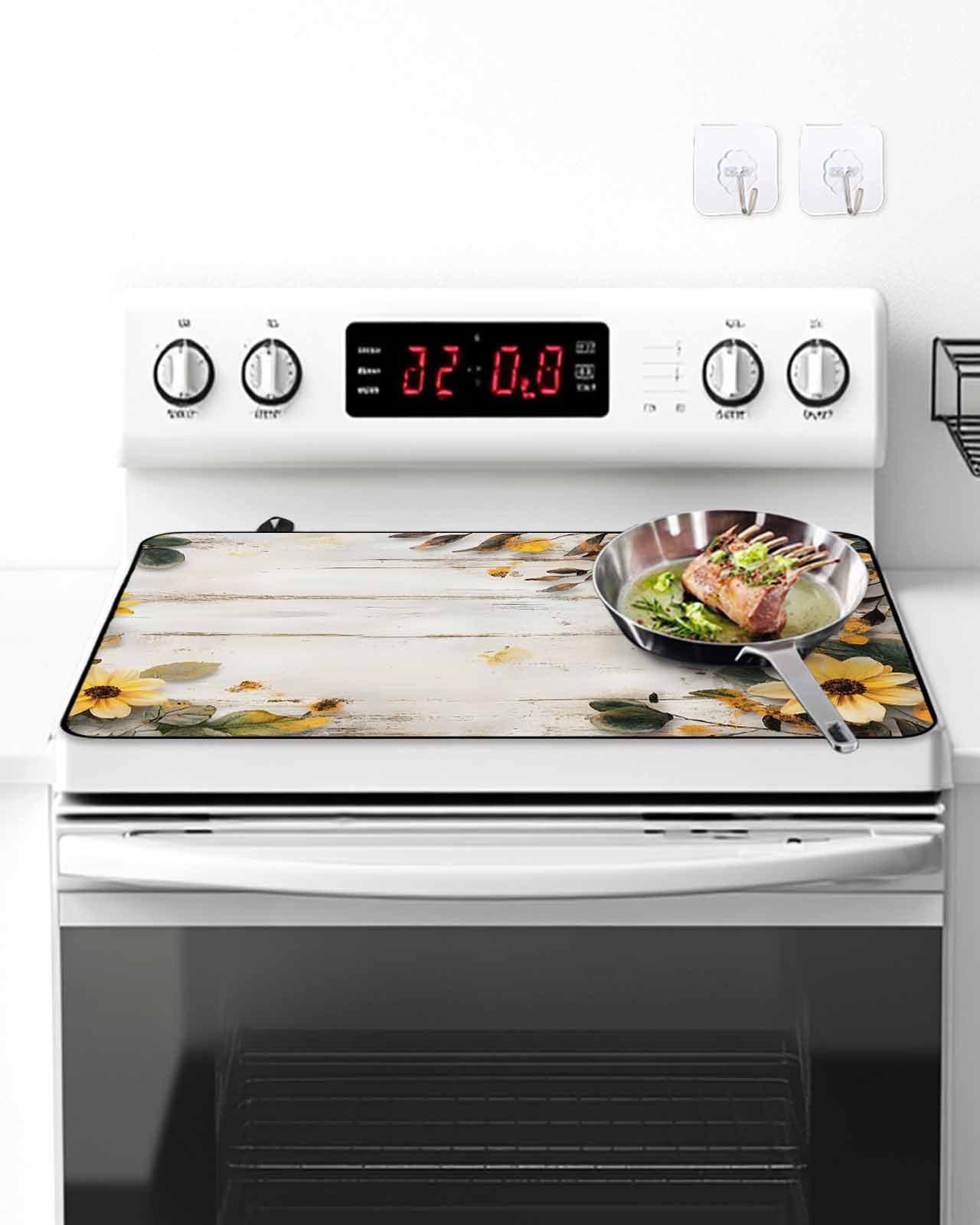 Stove Top Covers for Electric Stove, Yellow Floral Spring Glass Stovetop Cover Protector, Vintage Summer Botanical Induction Cooktop Protector Oven Mat for Kitchen Countertop 24"x21"