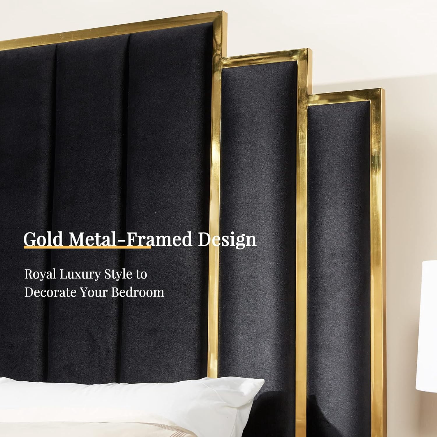 VanAcc Queen Size Platform Bed Frame, 61.4" Velvet Upholstered Bed: with Gold Trim Headboard/Wooden Slats/No Box Spring Needed/Black