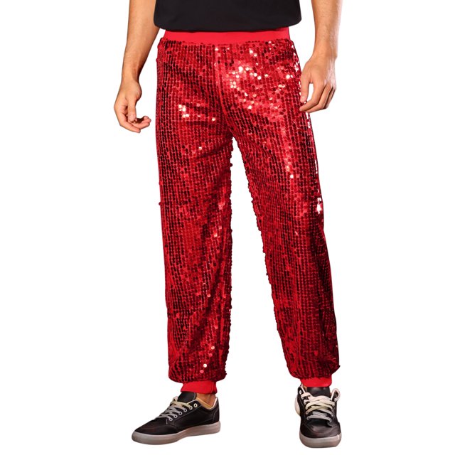 Pantalones de lentejuelas INSPIRE CHIC para hombre, disfraz de disco brillante, joggers metálicos elásticos de cintura, 30 rojo