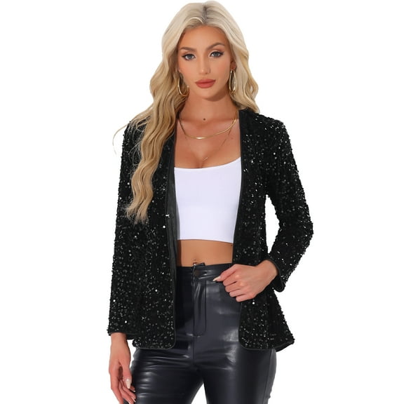 DARING DIVA Sequin Blazer Jacket Sparkly Open Front Cardigan XS Black
