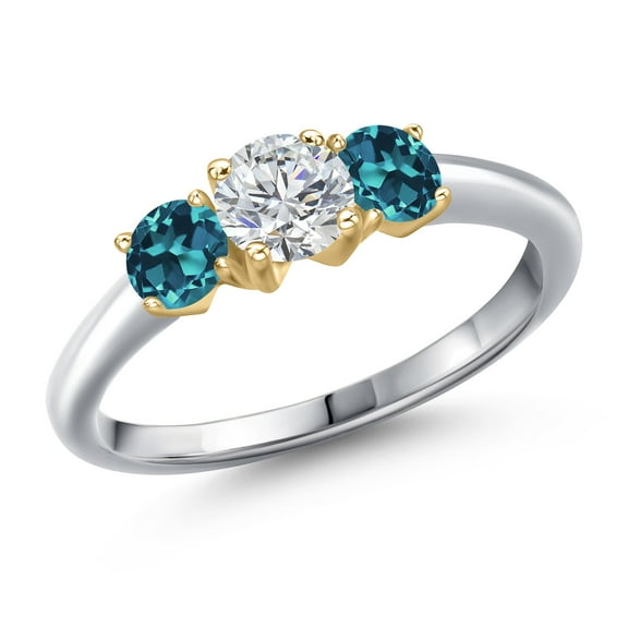 Gem Stone King 10K Two Tone Gold Lab Grown Diamond and London Blue Topaz Engagement Ring for Women | 1.16 Cttw | Round 5MM | Gemstone April Birthstone | Size 7