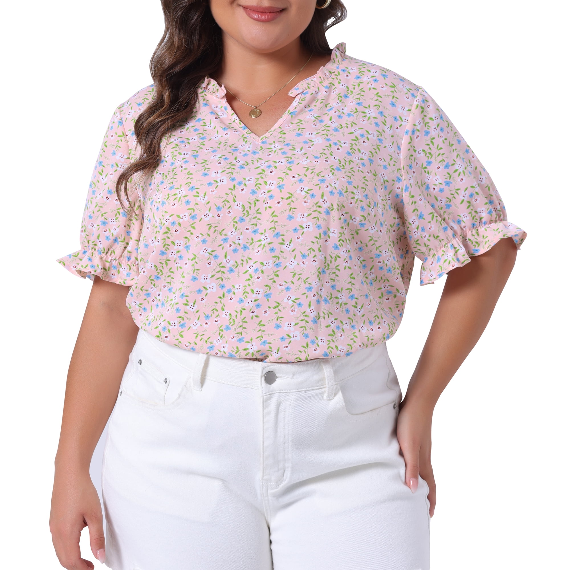 Women's Plus Summer Tops Floral V Neck Ruffle Puff Short Sleeve Casual Blouse Top 3X Pink