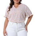 thumbnail image 2 of DARING DIVA Women's Plus Floral V Neck Ruffle Puff Short Sleeve Blouse 3X Pink, 2 of 6