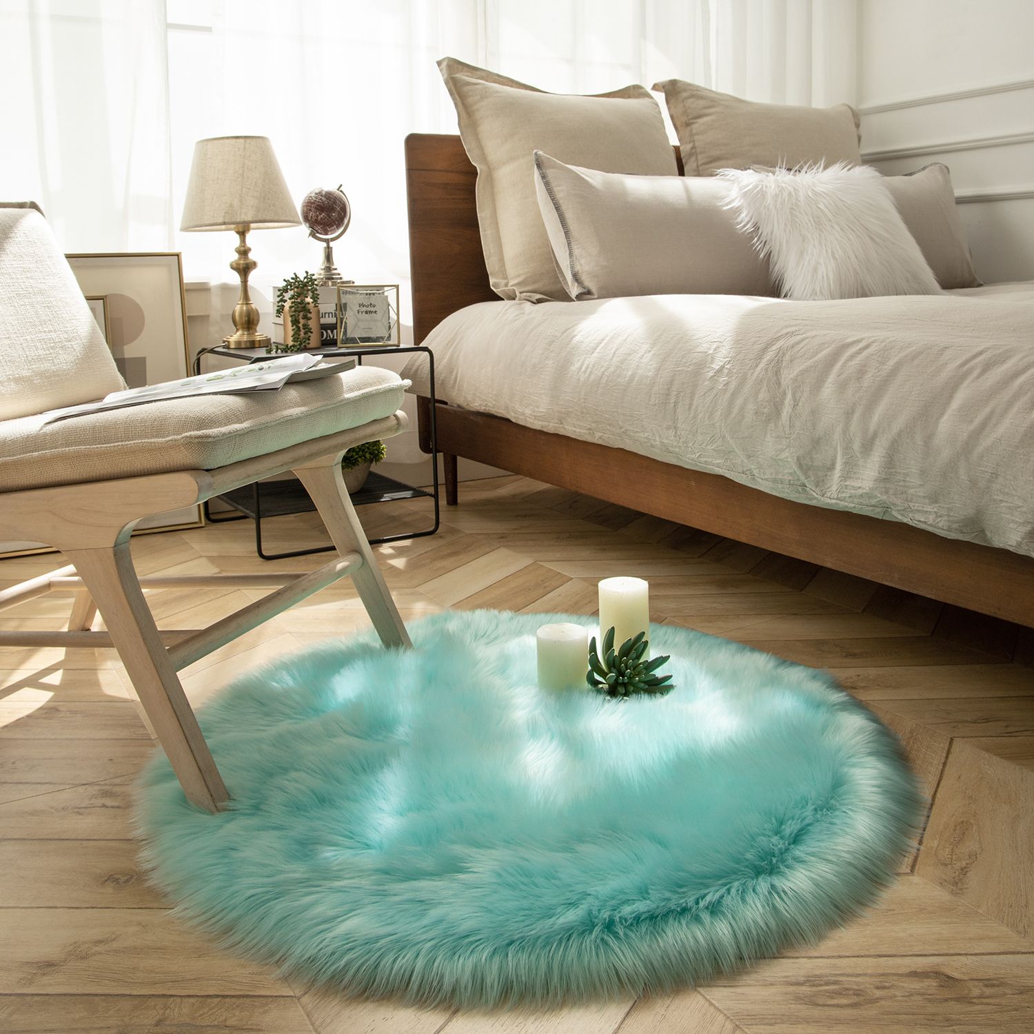 Phantoscope Faux Fur Area Rug, Fluffy Turquoise Shag Carpet, Ultra Soft Machine Washable Indoor Area Rug, 3' x 3', Round for Living Room, Bedroom, Nursery & Kids Room