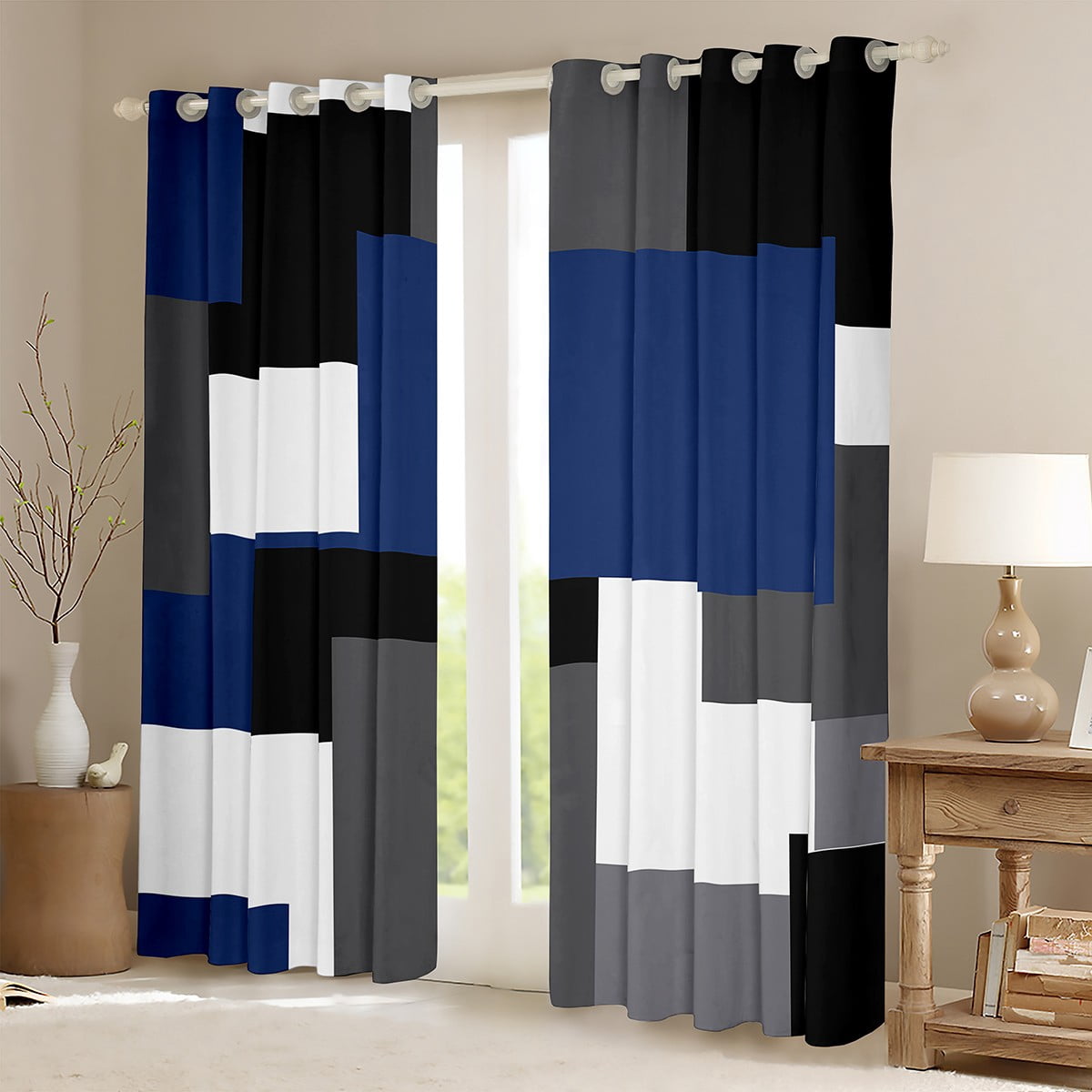 Erosebridal Sqare Plaid Curtains for Living Room,Grey Blue Blackout Curtains Set of 2 (38x45),Geometric Rectangle Curtains and Drapes (38x45),Abstract Bedroom Decoration