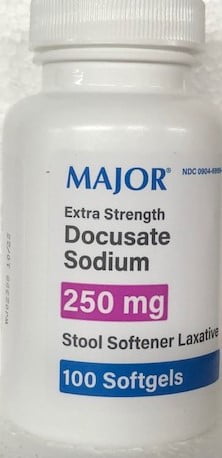 4 pack Docusate Sodium 250mg Major. Stool Softener Laxative 100 Softgels