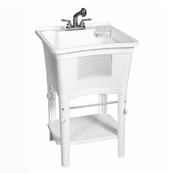 Zenna Home Premium Évier avec Robinet Coulissant: Baignoire à Lessive pour Sous-Sol, Garage Ou Salle de Lavage, Blanc