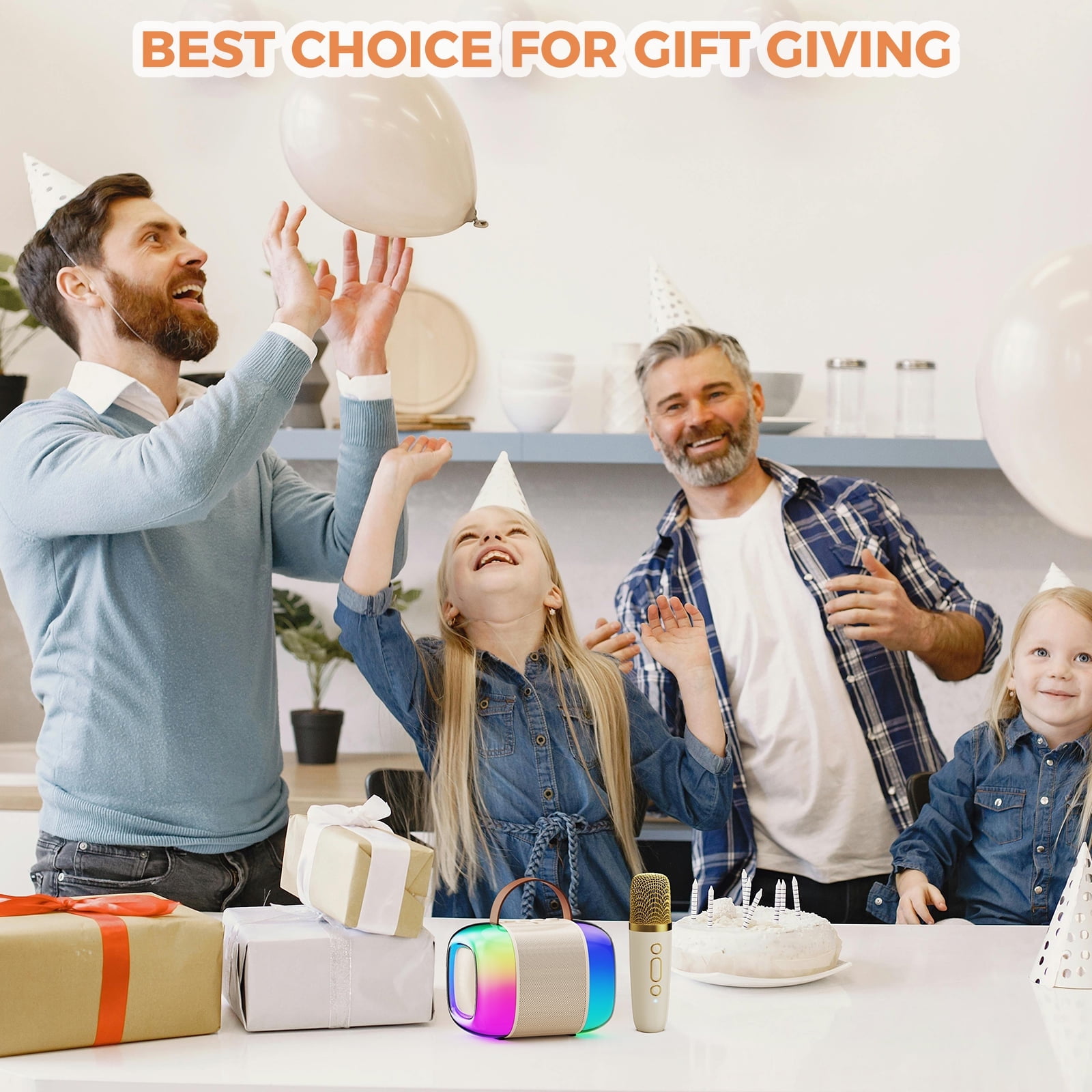 FanFun Karaoke Machine with Colorful LED Lights for Adults Kids, Bluetooth 5.3 Portable Karaoke Speaker with Wireless Mic for Party, Ideal Gifts for Girls/ Boys, D33 (Beige-1MIC)