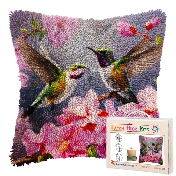 Hummingbird Couple Moring Glory DIY Latch Hook Pillow Kits for Adults Printed Pillowcase Crochet Yarns Hooking Handmade Pillow Cover Cushion for Home Sofa Decoration 17x17inch