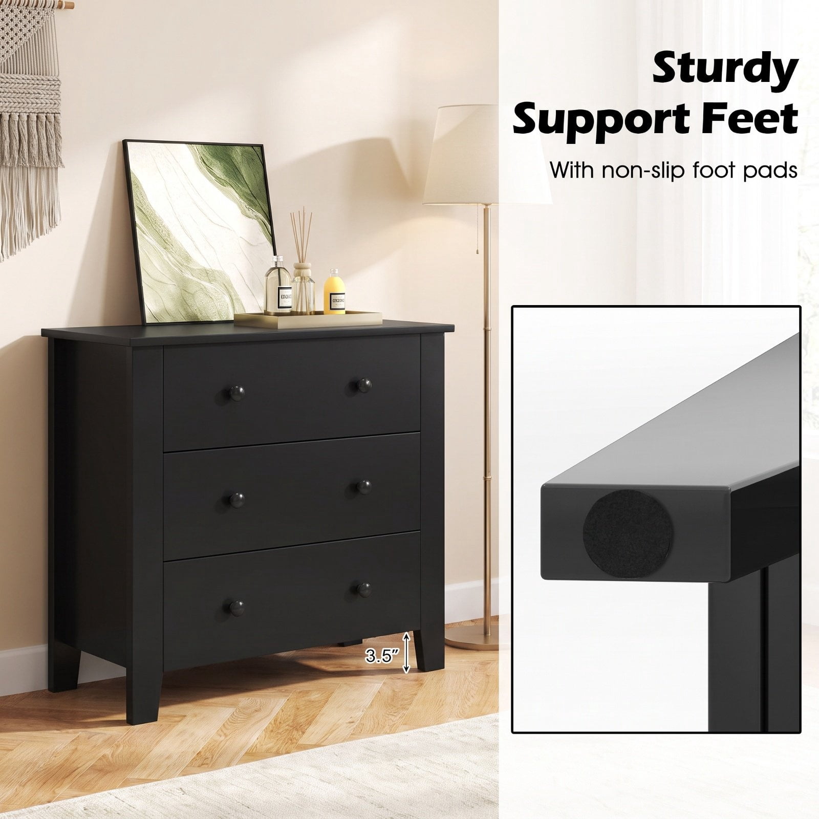 Furnibear 3 Drawer Dresser Chest of Drawers Bedside Table, Wood Grain, for Bedroom Closet Living Room Nursery Clothes Storage, Dark Brown