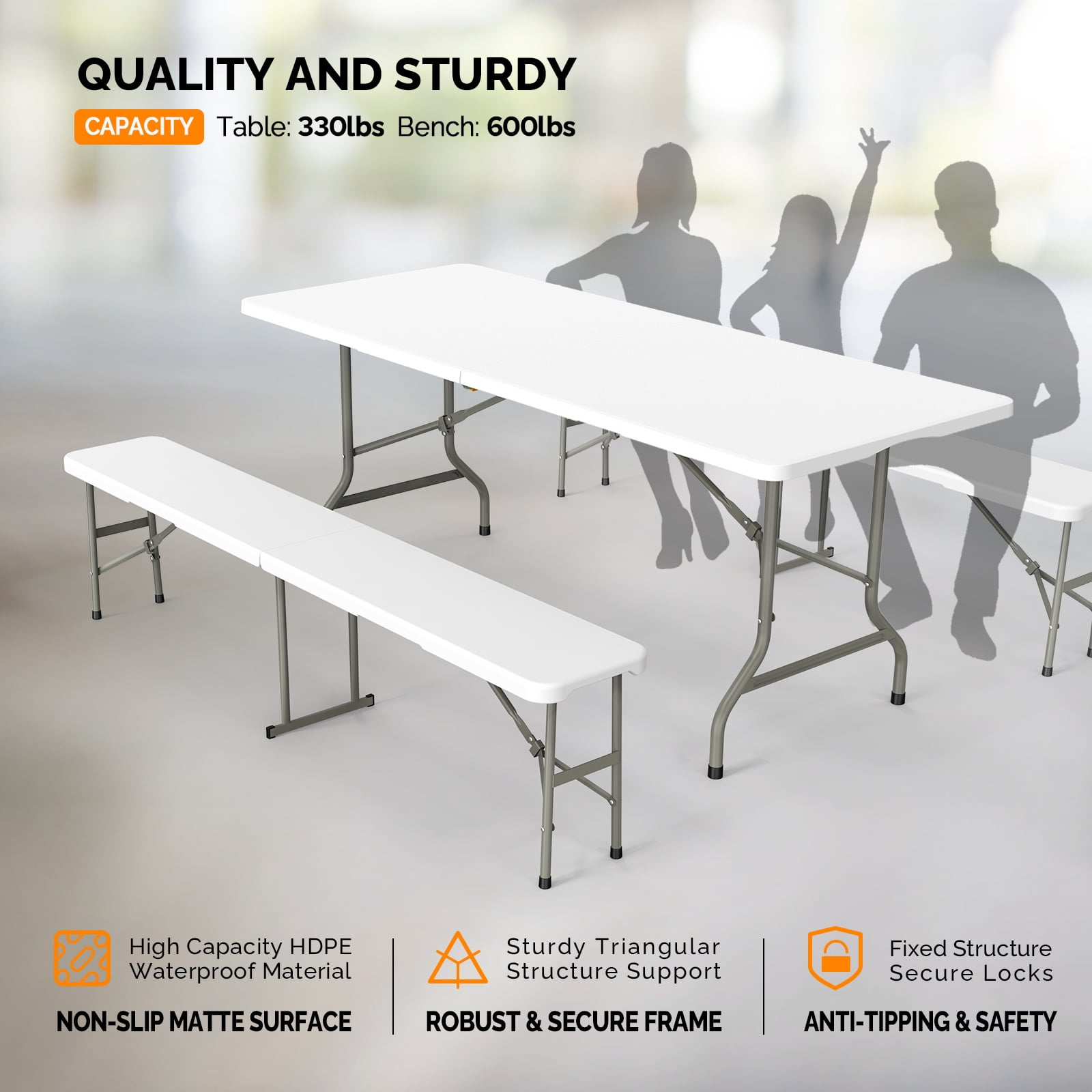 Ktaxon 3-Piece Outdoor Picnic Tableset, 6Ft HDPE Folding Table with 2 Folding Benches, High Quality Weather Resistant Patio Set for Indoor Outdoor Camping Parties Commercial Events