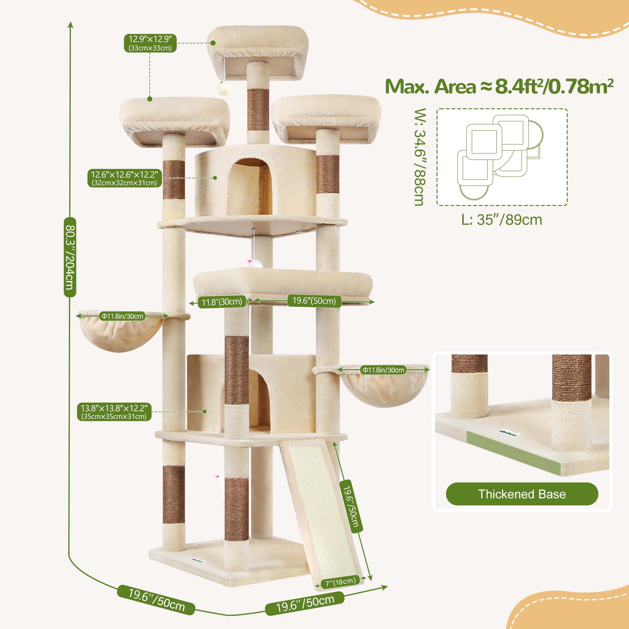 Globlazer 80in Heavy Duty Cat Tree for Large Cats, Multi-Level Cat Furniture Activity Center with 2 Condos,Hammocks,Perches & Sisal Scratching Posts,Beige