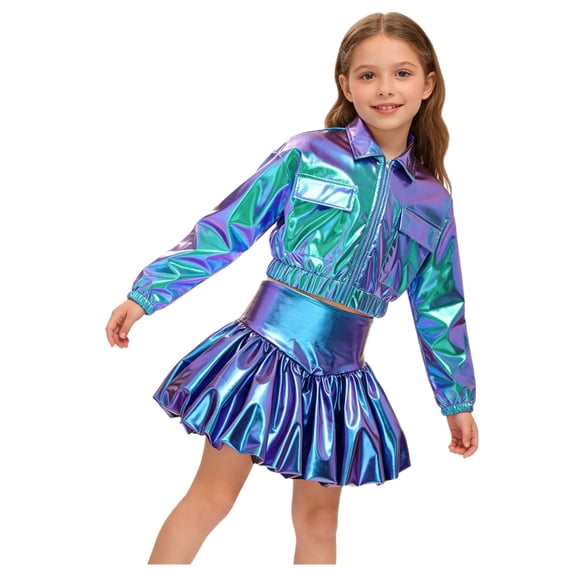 Miutii Kids Girls Metallic 2 Piece Hip Hop Jazz Dance Outfit Long Sleeve Bomber Jacket Crop Top with Bubble Skirt Blue 12