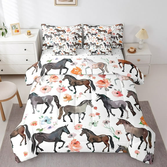 Erosebridal Horse Print Bedding Sets, Rustic Flower Comforter Sets with Sheets, Farmhouse Animal Reversible Bed Sheets Set, Super Cozy Bedroom Decor, 7pcs