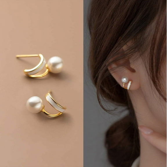 Dainty Pearl Stud Earrings,Gold Pearl Huggie Earrings,Minimalist Pearl C Hoop,Fake Double Hoop Earrings,Bridal Wedding Earrings,Bridesmaid Gift