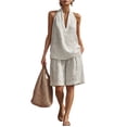 thumbnail image 2 of Linen Outfits Women 2 Piece Fashion Sleeveless V Neck Halter Top Matching Baggy Wide Leg Short Pants Set Summer Casual Outfits, 2 of 6