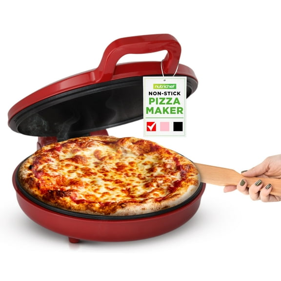 NutriChef Countertop Pizza Maker | 1500W Non-Stick Electric Pizza Cooker | Make 12" Personal Pizzas, Eggs, Toast & More | Cool-Touch Handles, Compact & Space-Saving | Temp Range 175-400°F | Red