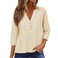 thumbnail image 2 of Endives Womens 3/4 Sleeve Shirt V Neck Eyelet Shirts Casual Vacation Blouses Womens Tops Summer Clothing S-5XL Light Yellow, 2 of 7
