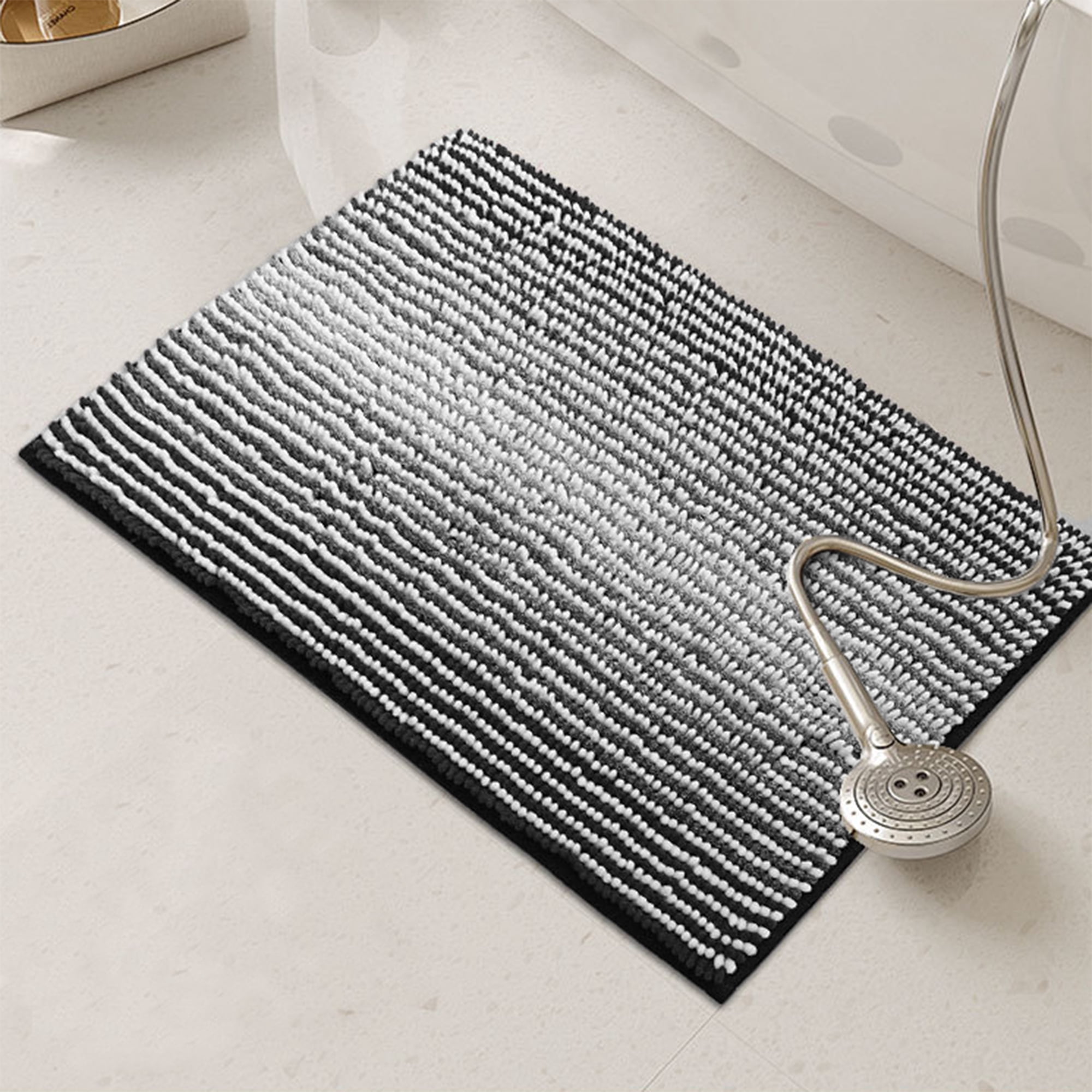 Unique Bargains Quick Dry Non Slip Chenille Bath Mat Cozy Shaggy Bath Rugs Black 16" x 24"