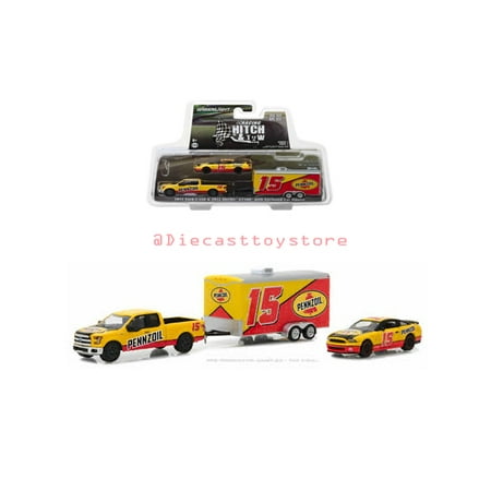 GREENLIGHT 1:64 RACING HITCH & TOW SERIES 1 - 2015 FORD F-150 & 2012 SHELBY GT500 WITH ENCLOSED TRAILER - PENNZOIL (YELLOW/RED)