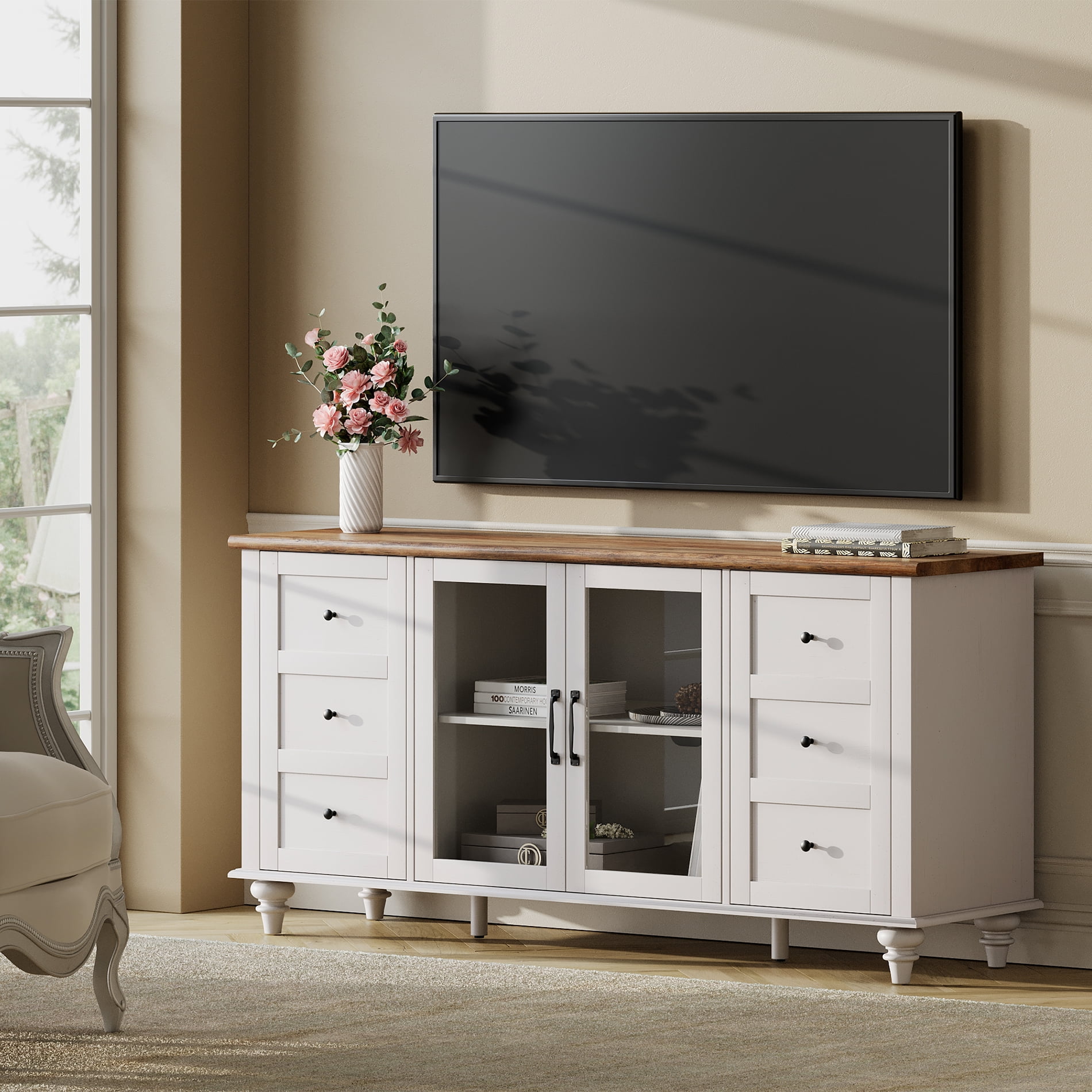 Blue Light Farmhouse White Glass&Wood Television Stand for 75 inch TV,Entertainment Center with 4 Storage Cabinets for Living Room