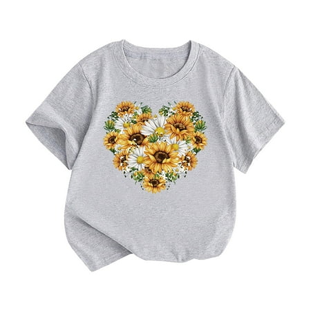 

Otqutp Baby Funny Blouse Little Children and Big Kids Sunflower Heart Cartoon Print Boys and Girls Summer Tops Short Sleeved T Shirts