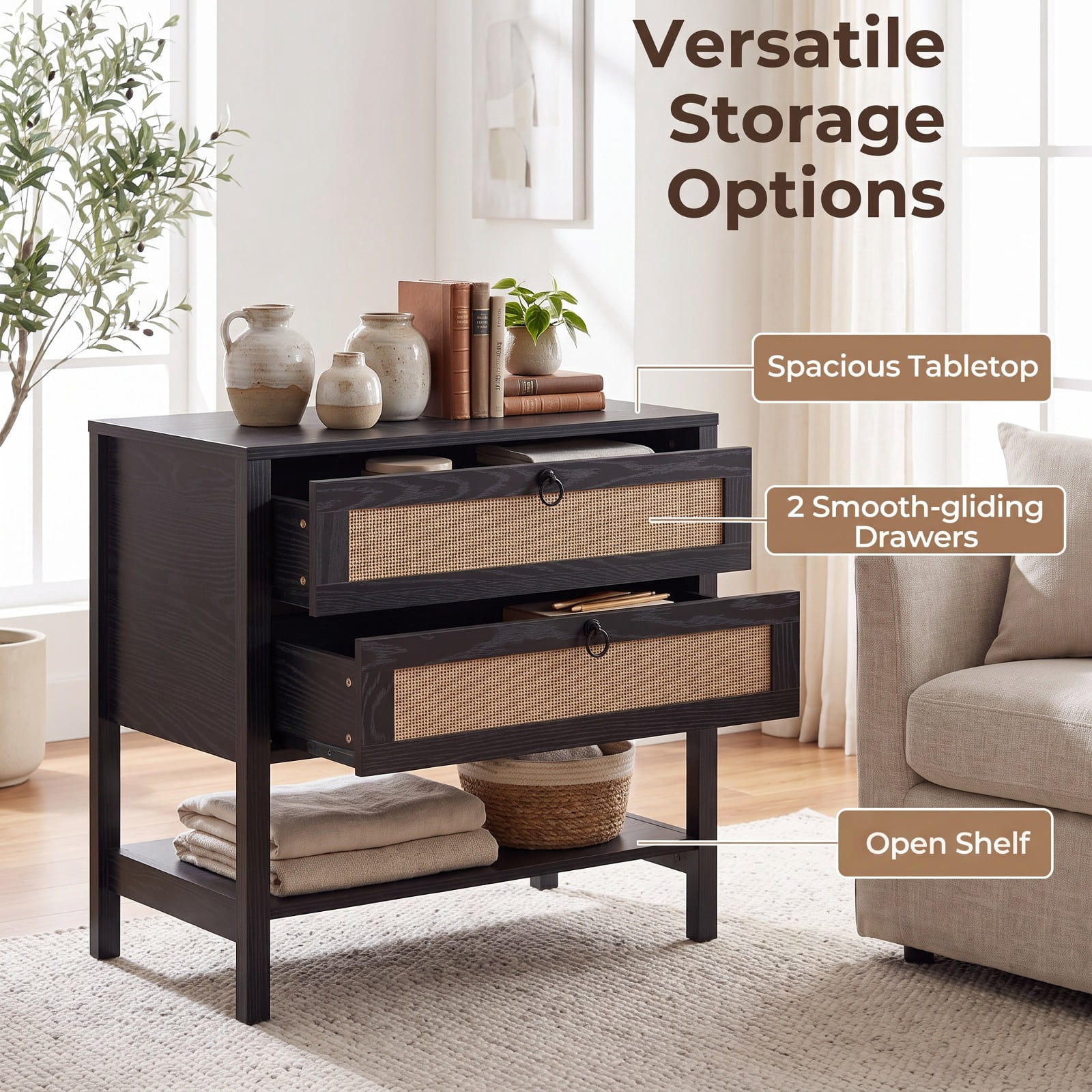 Furnibear Boho Rattan Nightstand with 2 Drawers and Bottom Open Shelf for Bedroom Living Room Bedside Sofa Side Small Space, Black