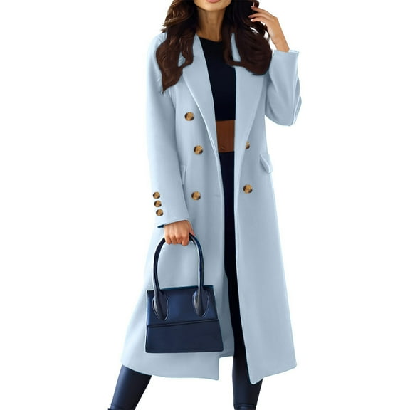 Stichou Women's Winter Lapel Double Breasted Office Work Long Wool Spring Fall Pea Coat Overcoat Light Blue M