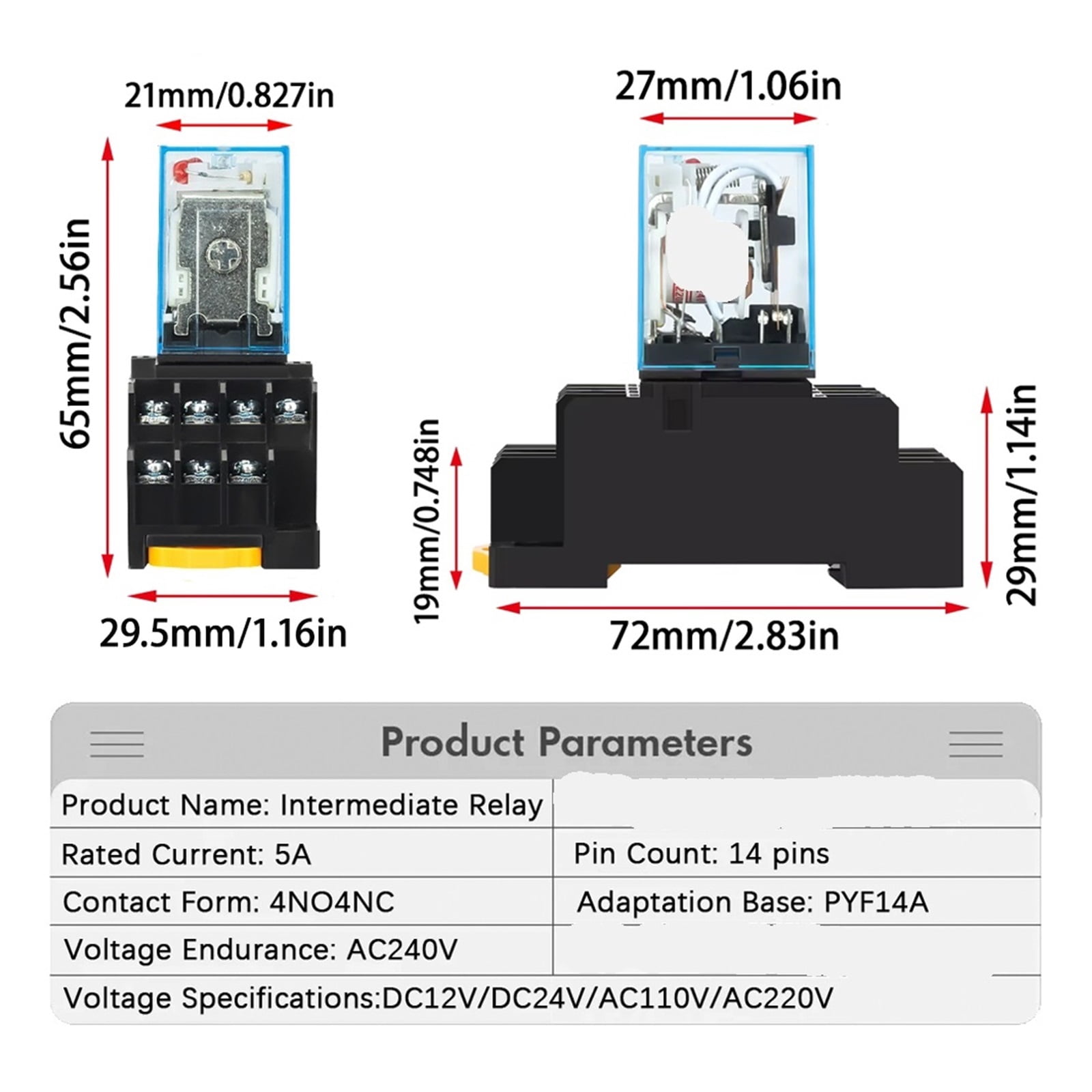 EJYWPSWD 5a My2nj My4nj Din Rail Small Electromagnetic Relay Coil Power Relay Dc12v Dc24v Ac24v Ac110v Ac220v with Socket Base 2no 2nc